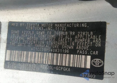 2004 Toyota Camry Solara Sle z USA, uszkodzony, nr VIN 4T1CE38P54U831196